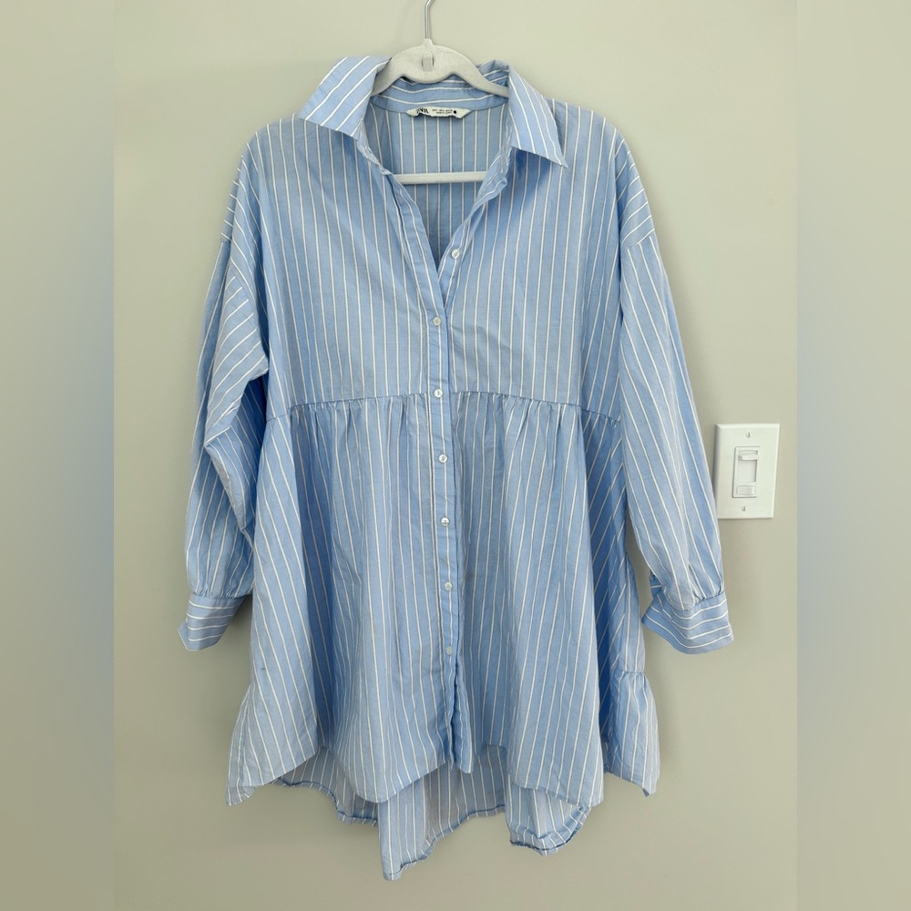 Zara blue pinstripe shirt dress tunic size Large - Picture 2 of 16